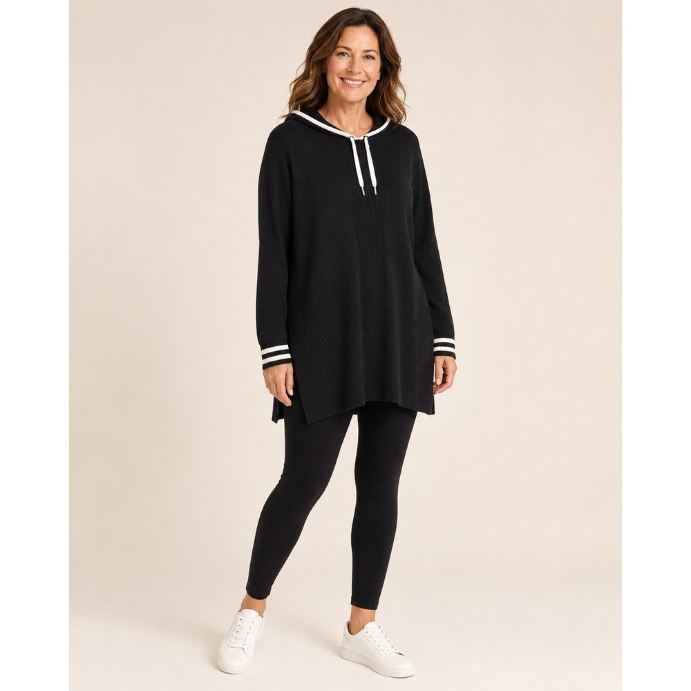 Chico's Zenergy Hooded Tunic Sweater Size 2 L Black White Knit Athleisure